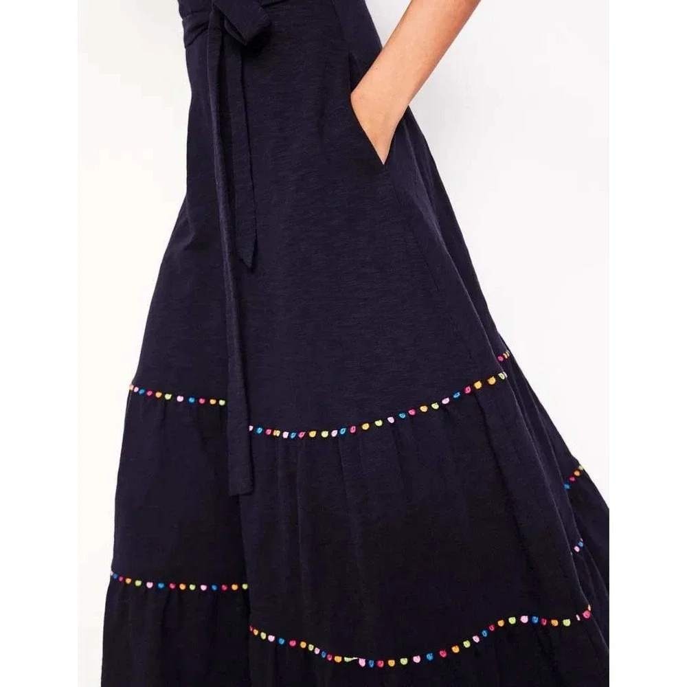 Boden Tara Tiered Midi Dress US 8 Pom Trim 100% Cotton Navy Blue - Picture 5 of 15